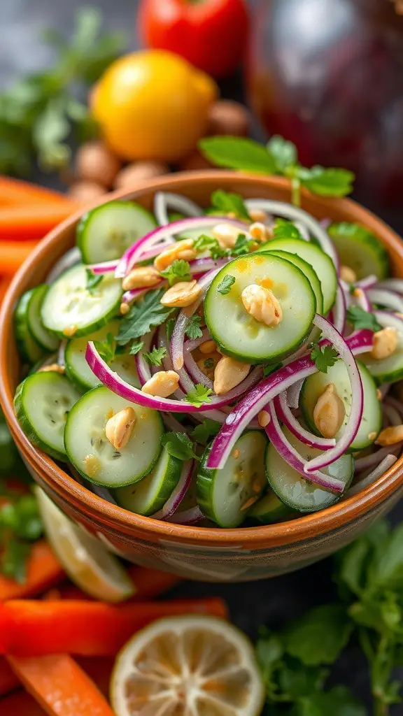 A colorful bowl of Thai cucumber salad with cucumbers, red onions, herbs, and peanuts.