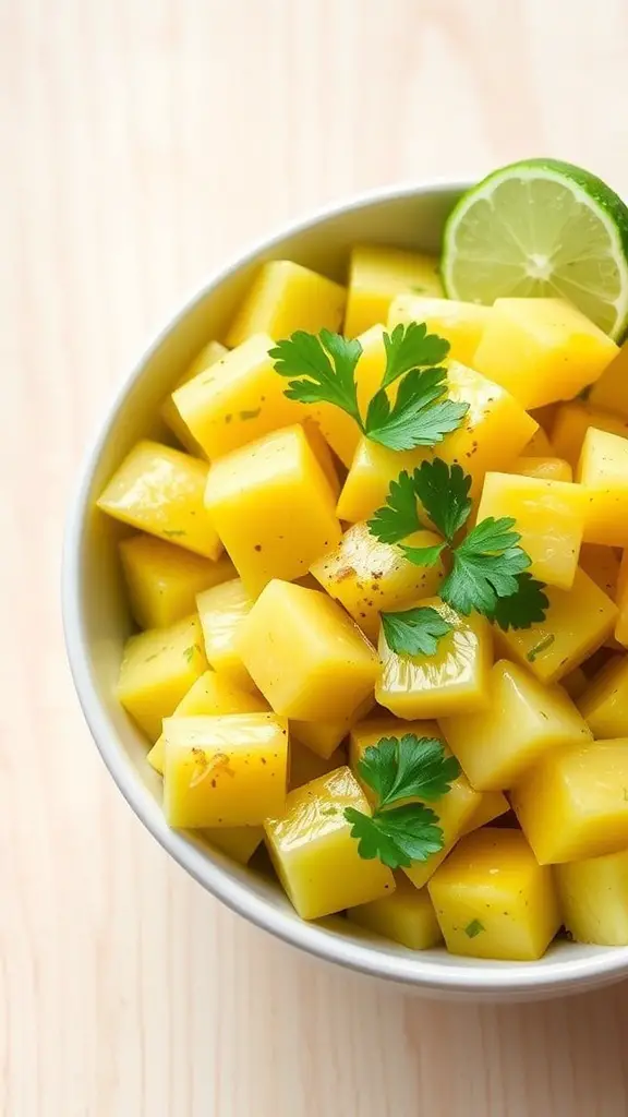 A colorful pineapple and cucumber salad with cilantro and lime on a wooden table.