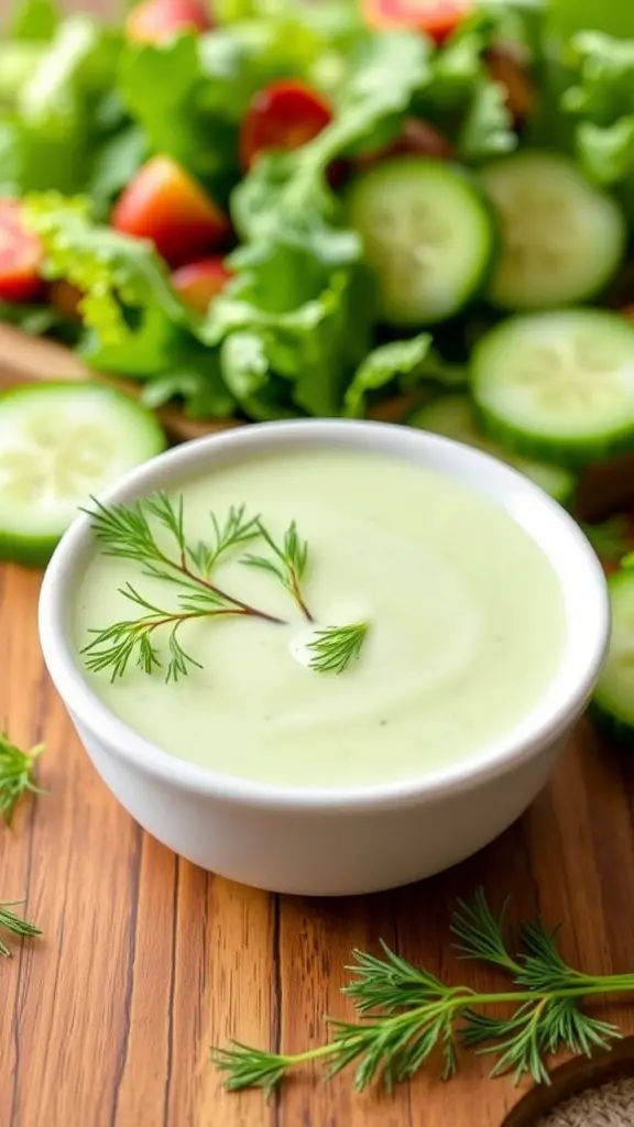 A bowl of cucumber salad dressing with dill, fresh cucumbers in the background.