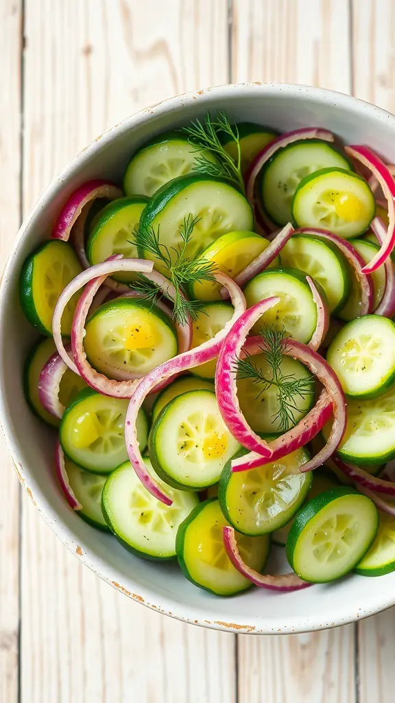A refreshing cucumber salad with sliced cucumbers and red onions, garnished with dill on a rustic table.