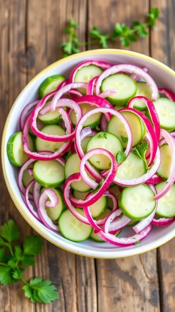 A refreshing quick cucumber salad with sliced cucumbers and red onions in a bowl, garnished with herbs.
