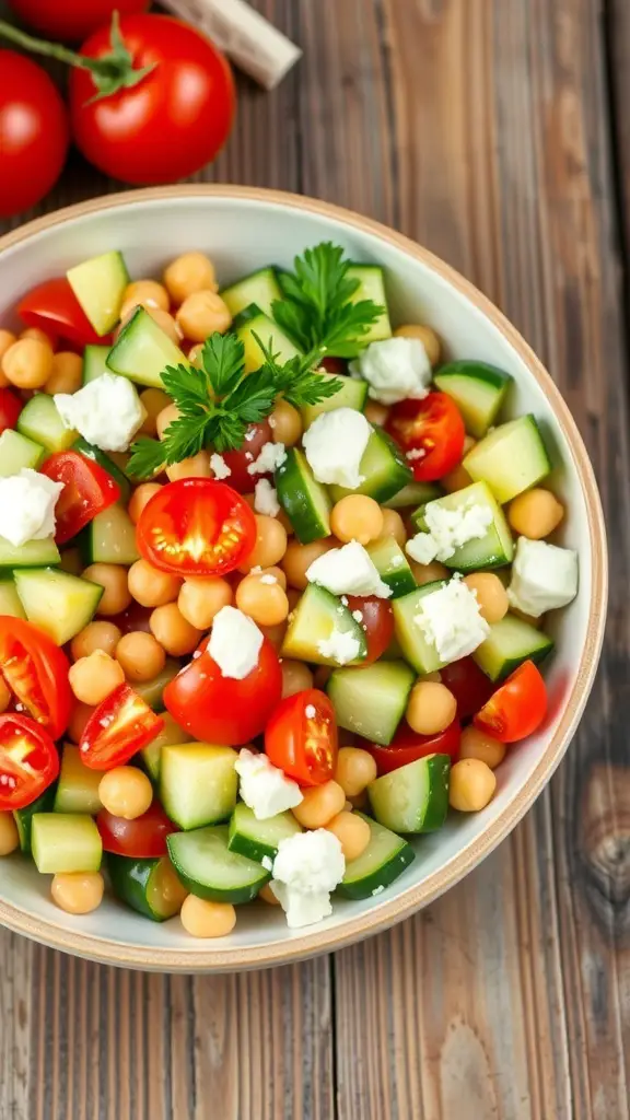 Chickpea Cucumber Feta Salad Recipe A colorful chickpea cucumber feta salad with cucumbers, tomatoes, feta, and parsley in a bowl on a wooden table.