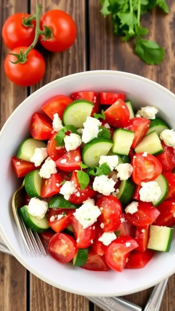 A colorful tomato cucumber feta salad with tomatoes, cucumbers, and feta cheese, garnished with herbs, on a wooden table.