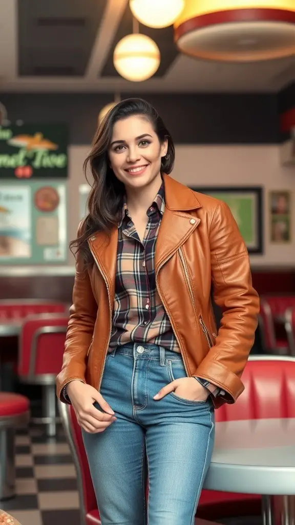 A man wearing a brown leather jacket over a plaid shirt, standing in a retro diner setting.