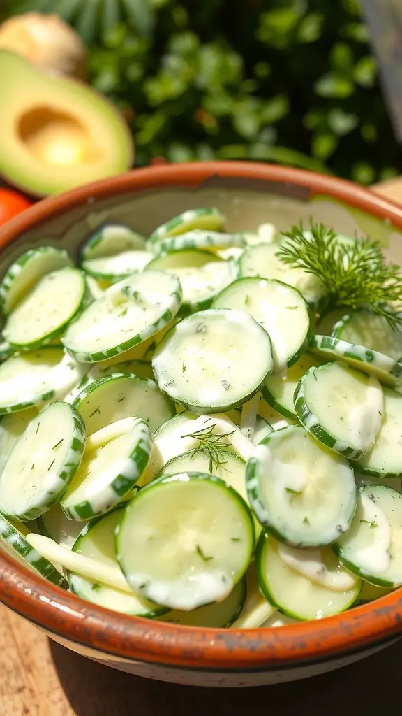 A bowl of creamy cucumber salad with sliced cucumbers and dill, set in a sunny outdoor setting.
