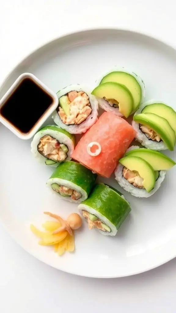 Cucumber crab salad sushi rolls with avocado, served with pickled ginger and soy sauce.