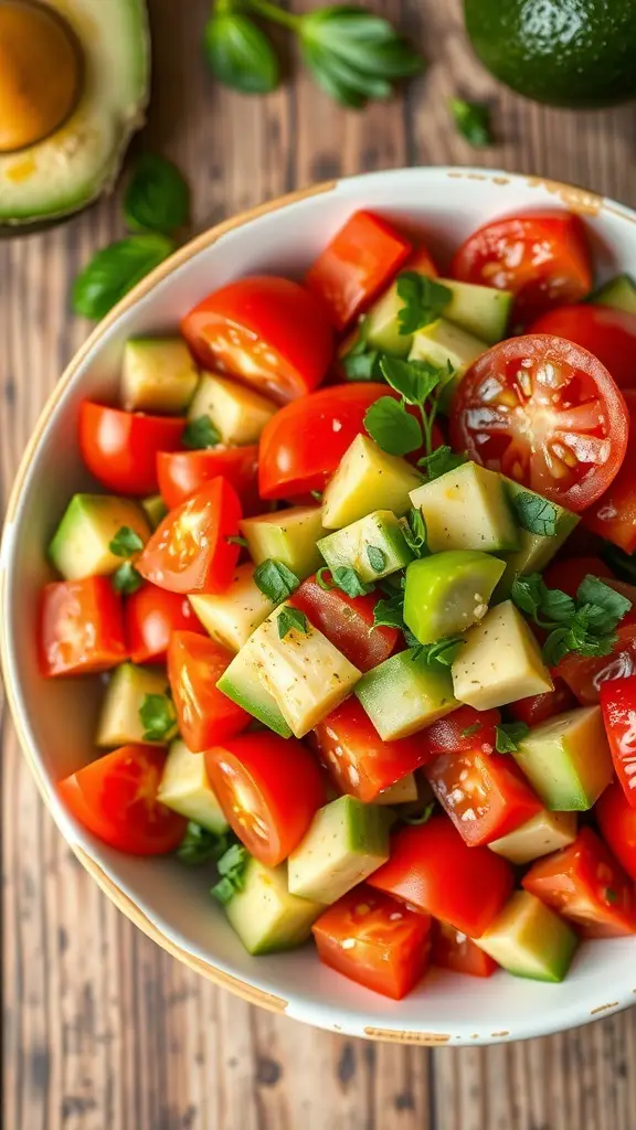 A colorful salad with tomatoes, cucumbers, and avocados, garnished with herbs on a wooden table.