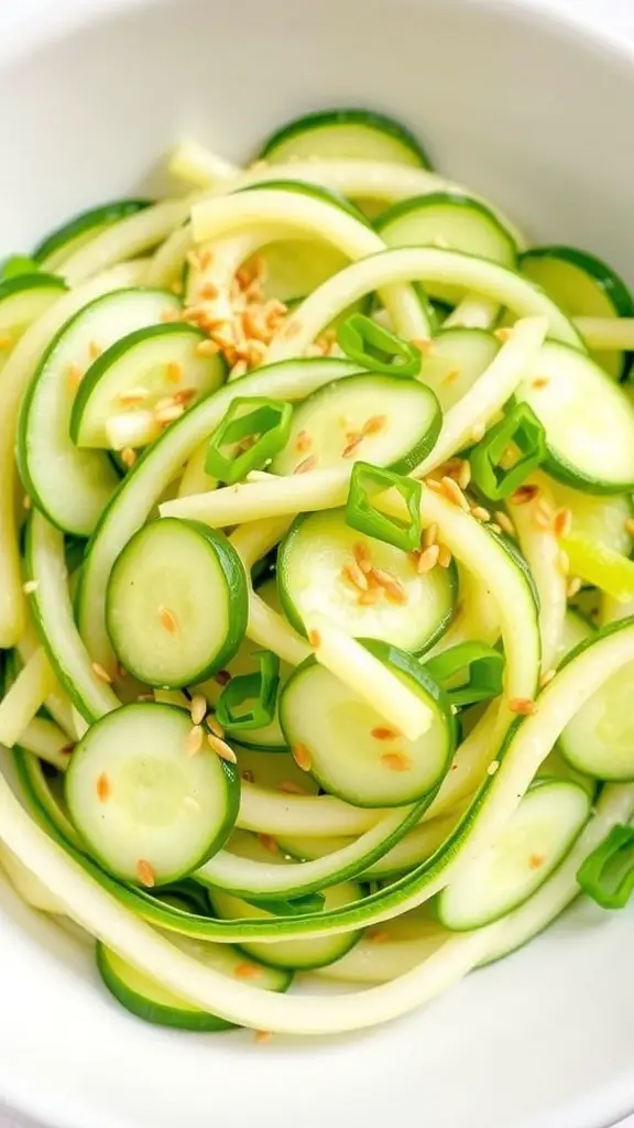 A refreshing Japanese cucumber salad with sliced cucumbers, sesame seeds, and green onions in a bowl.