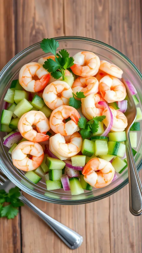 Refreshing Shrimp Cucumber Salad Recipe A colorful shrimp cucumber salad with shrimp, cucumbers, red onions, and cilantro in a glass bowl on a wooden table.