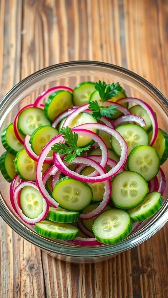 Refreshing Cucumber and Red Onion Salad Recipe A refreshing cucumber and red onion salad in a glass bowl, garnished with parsley on a wooden table.