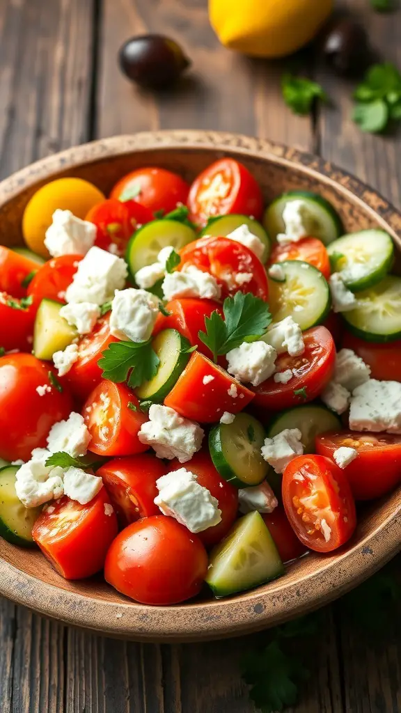 A colorful Greek salad with tomatoes, cucumbers, feta cheese, and olives in a rustic bowl.