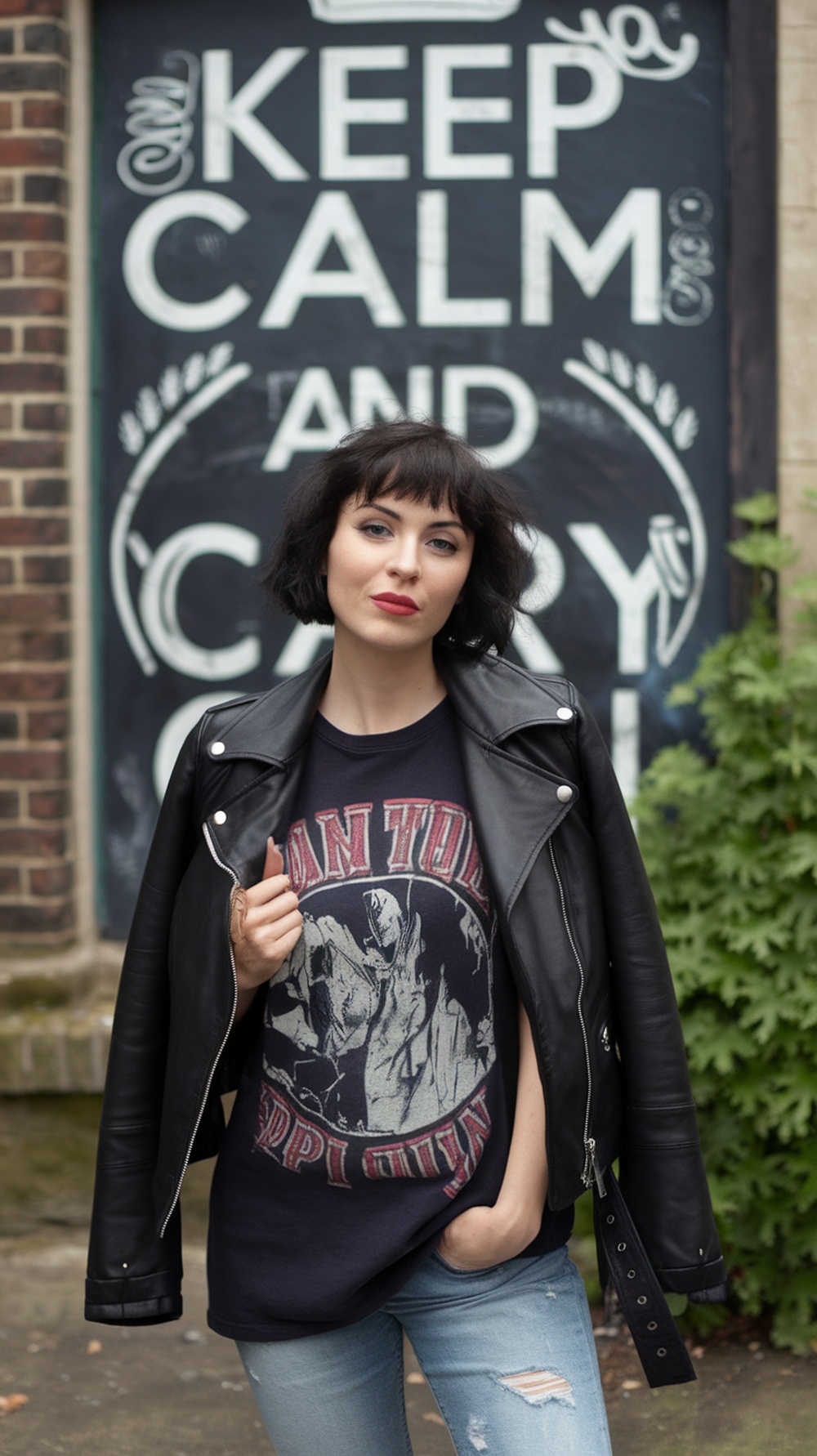 A woman wearing a black leather jacket over a band tee, standing in front of a wall with a motivational quote.