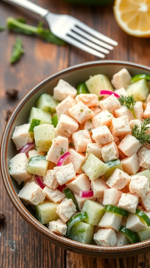 A refreshing cucumber chicken salad with diced chicken, cucumber, and red onion, garnished with dill on a rustic table.