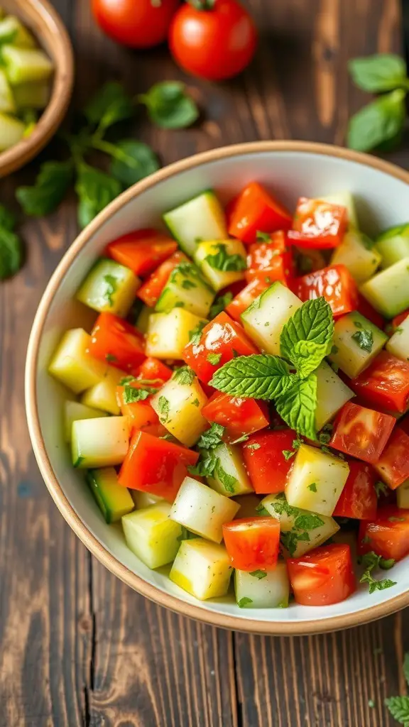 A colorful Persian cucumber salad with cucumbers, tomatoes, and herbs in a bowl on a rustic table.
