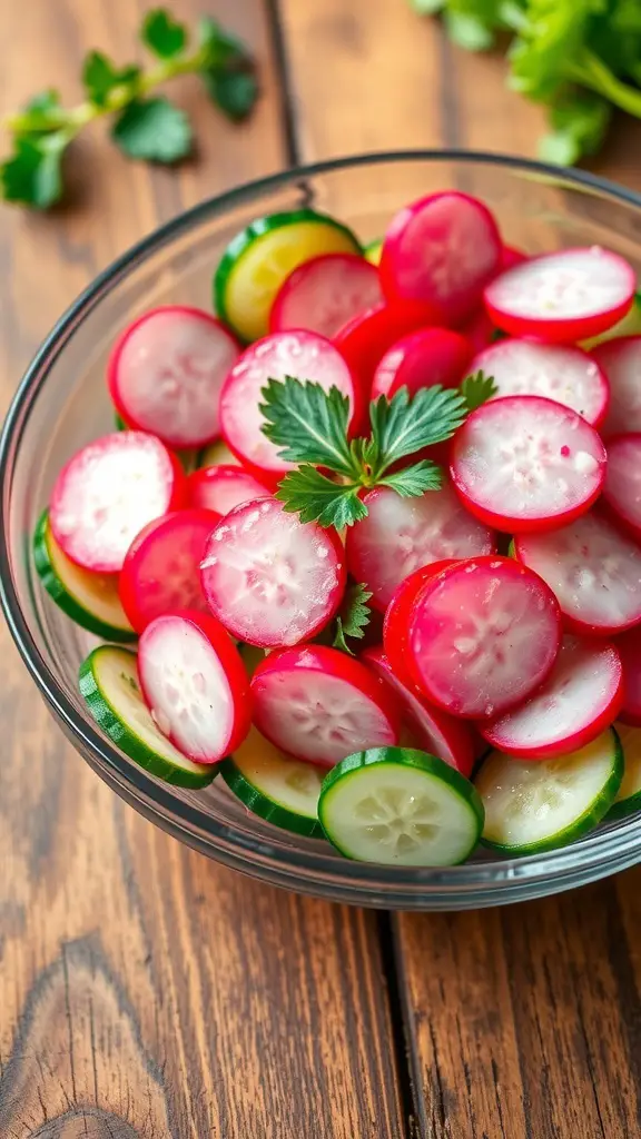 A refreshing cucumber radish salad with green cucumbers, pink radishes, and parsley in a glass bowl on a wooden table.