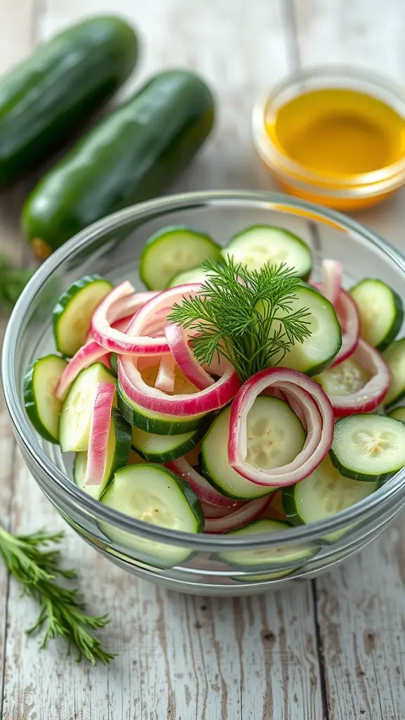 A refreshing cucumber salad with onions and vinegar dressing, garnished with dill, on a wooden table.