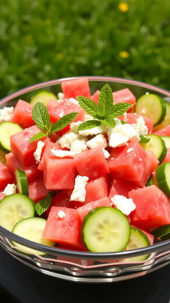 A colorful cucumber watermelon salad with mint and feta in a bowl, set outdoors.
