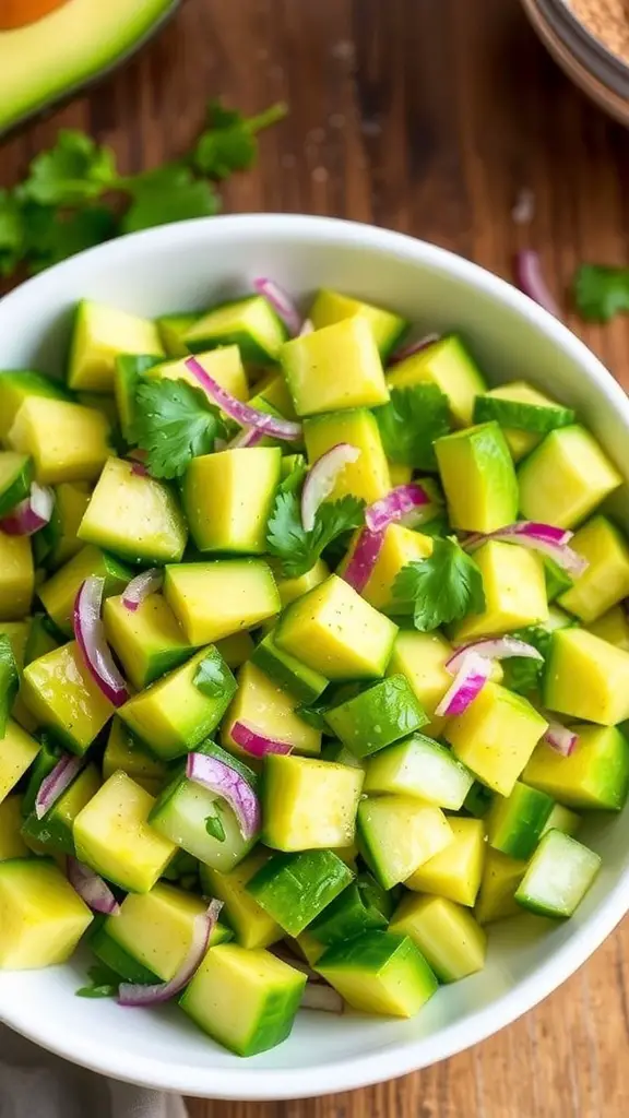 A colorful avocado cucumber salad with diced avocados, cucumbers, red onion, and cilantro in a bowl.