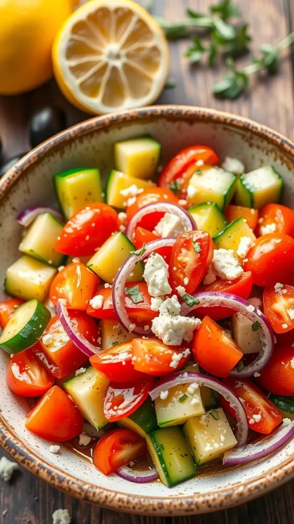 A colorful bowl of Greek cucumber tomato salad with cucumbers, tomatoes, red onions, and feta cheese on a wooden table.