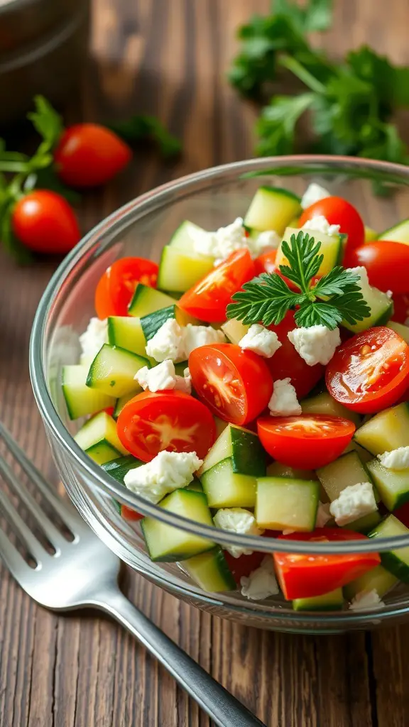 A colorful cucumber tomato feta salad with diced cucumbers, halved cherry tomatoes, and crumbled feta cheese in a glass bowl.