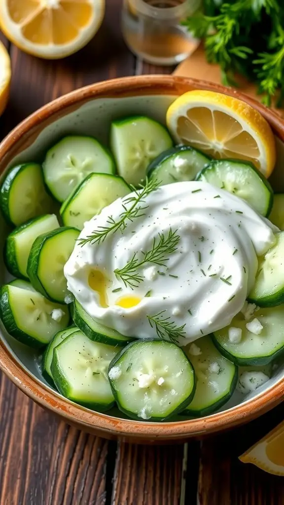 A bowl of cucumber yogurt salad with cucumber slices, yogurt, and dill on a wooden table.