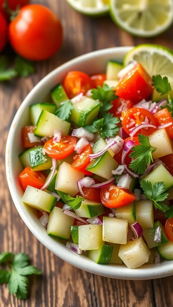 Refreshing Mexican Cucumber Salad Recipe A vibrant Mexican cucumber salad with cucumbers, tomatoes, onions, and cilantro in a bowl.