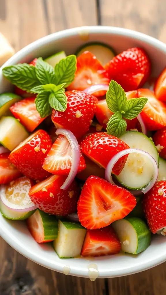 Refreshing Strawberry Cucumber Salad Recipe A colorful strawberry cucumber salad with strawberries, cucumbers, and red onion, garnished with mint leaves on a rustic table.