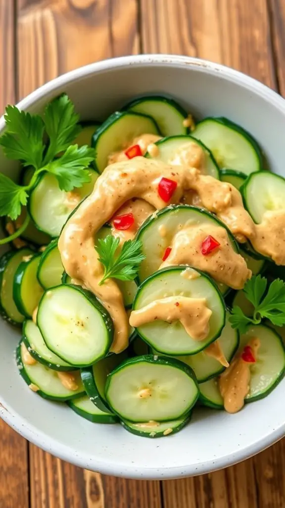 Refreshing Peanut Butter Cucumber Salad Recipe A colorful bowl of peanut butter cucumber salad with sliced cucumbers and cilantro on a wooden table.