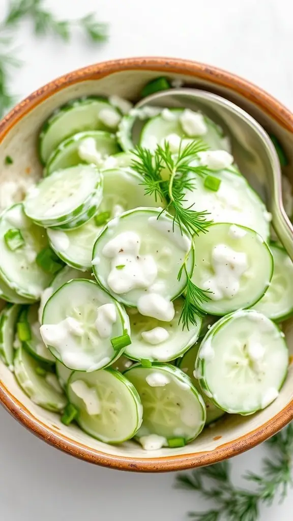 A bowl of sour cream cucumber salad with sliced cucumbers and dill on a rustic table.