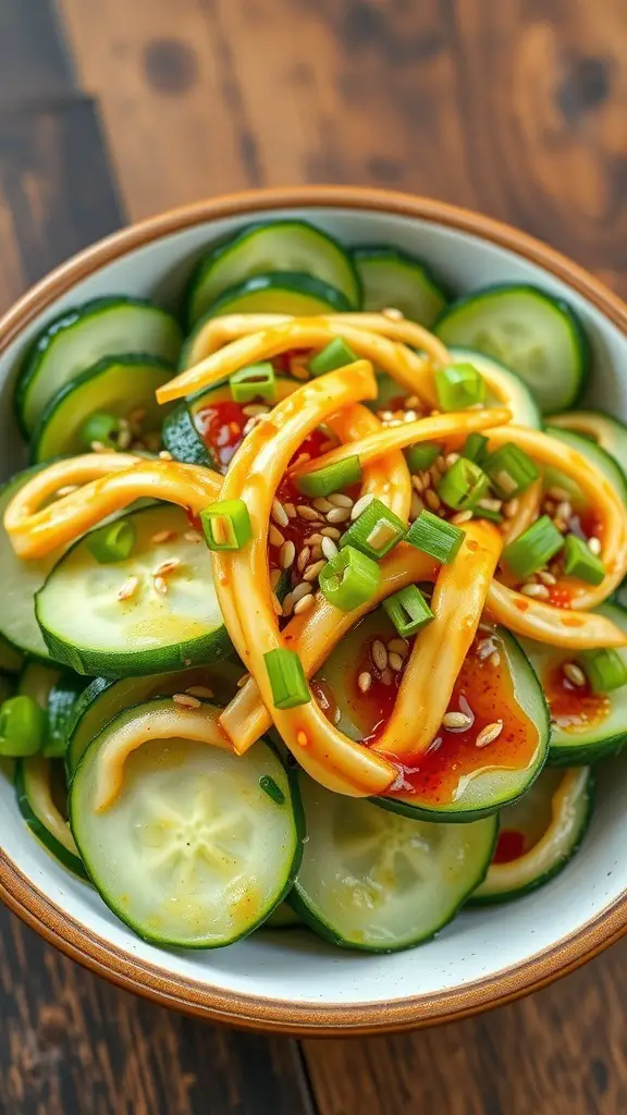 A bowl of Korean cucumber salad with sliced cucumbers, sesame seeds, and green onions on a wooden table.