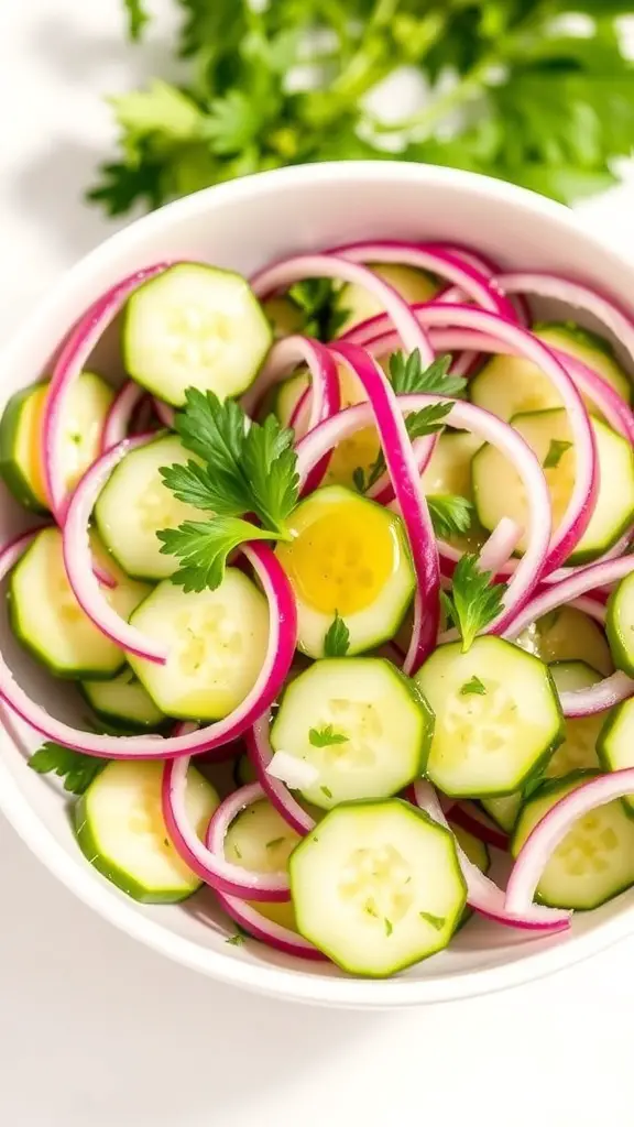 Refreshing Keto Cucumber Salad Recipe A refreshing keto cucumber salad with cucumbers, red onions, and parsley in a bowl.