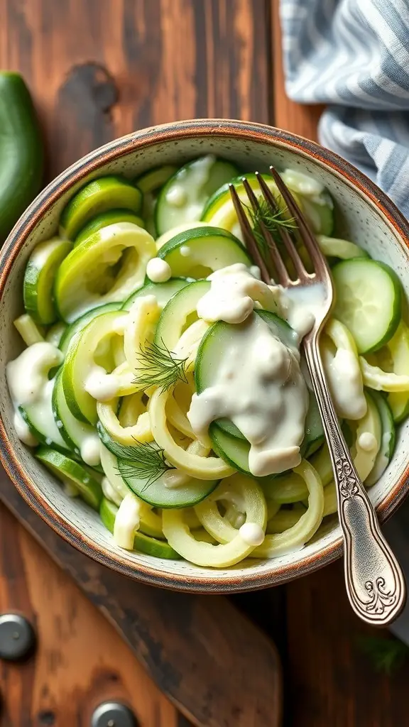 A bowl of creamy cucumber salad with mayo, garnished with dill, on a wooden table.