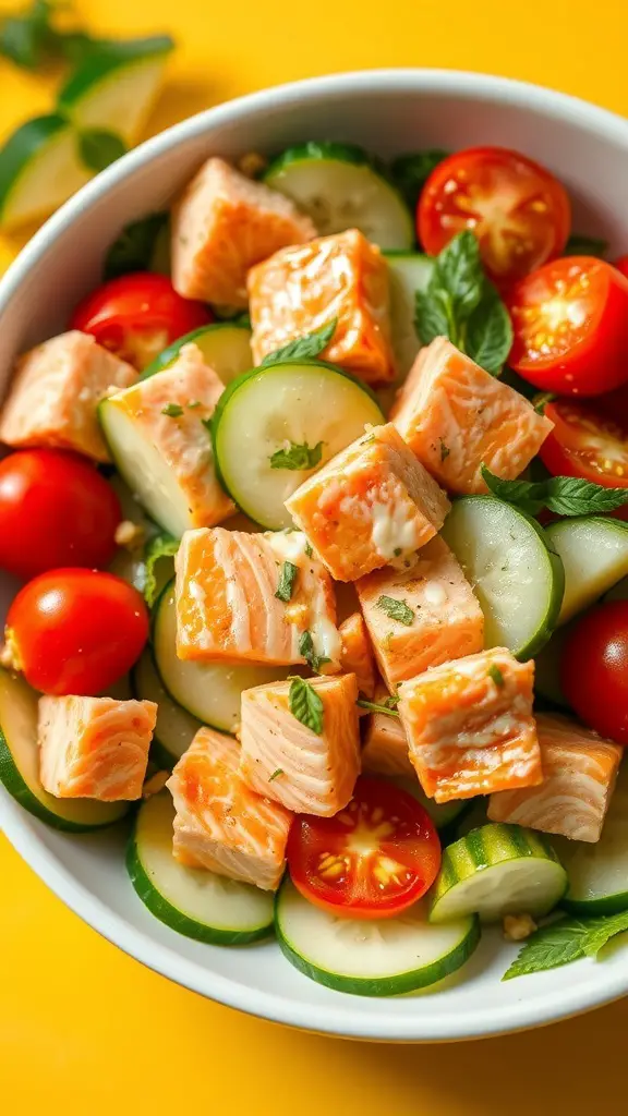 A refreshing salmon cucumber salad with salmon, cucumber, tomatoes, and herbs in a bowl.