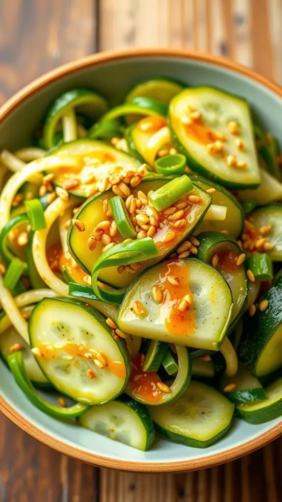 A colorful bowl of spicy cucumber salad with sesame seeds and green onions on a wooden table.