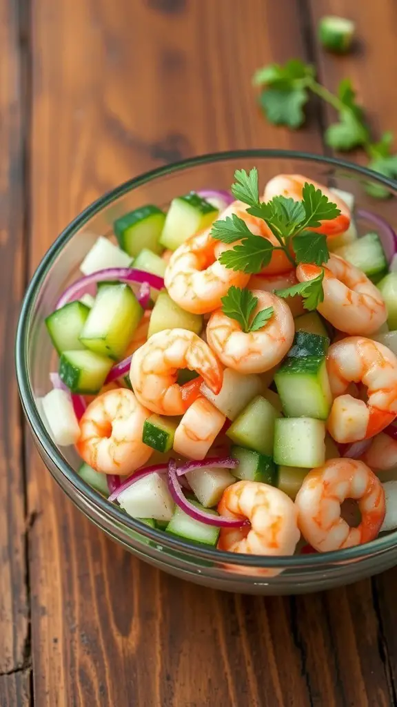 A refreshing cucumber shrimp salad with diced cucumbers, shrimp, and red onion garnished with cilantro.
