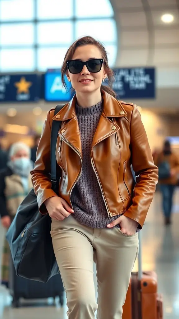 A stylish travel outfit featuring a brown leather jacket, gray sweater, and comfortable trousers, set in an airport environment.