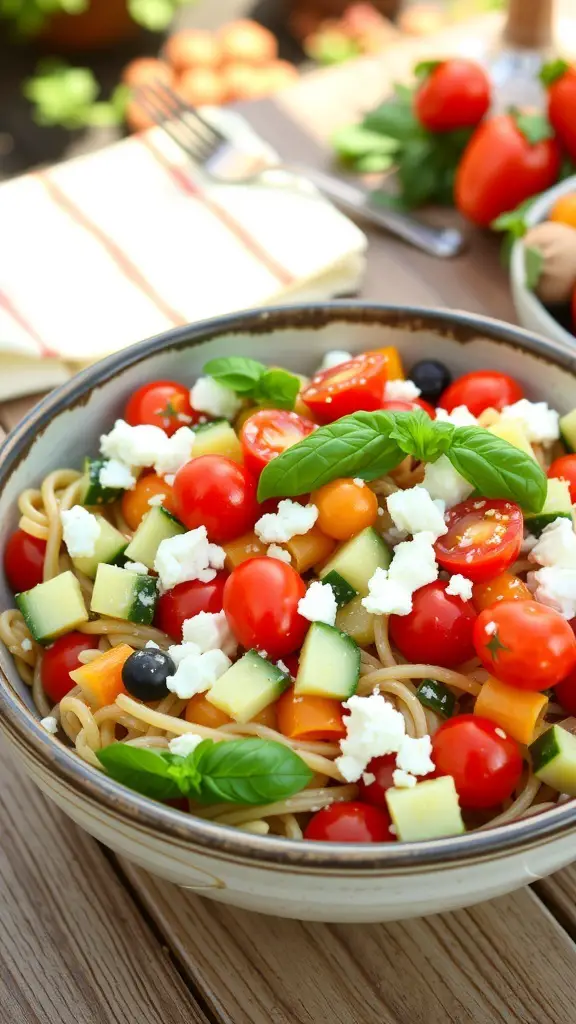 A colorful Mediterranean cold pasta salad with tomatoes, cucumbers, feta, and basil in a rustic bowl.