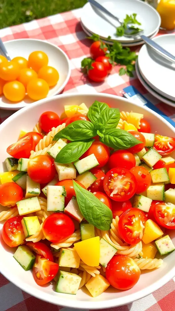 A colorful summer pasta salad with tomatoes, cucumbers, and bell peppers in a bowl, garnished with herbs.