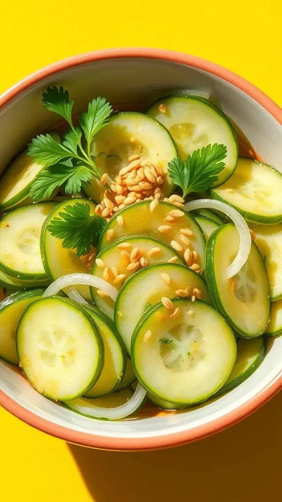 A refreshing cucumber salad with sesame seeds and cilantro in a bowl.