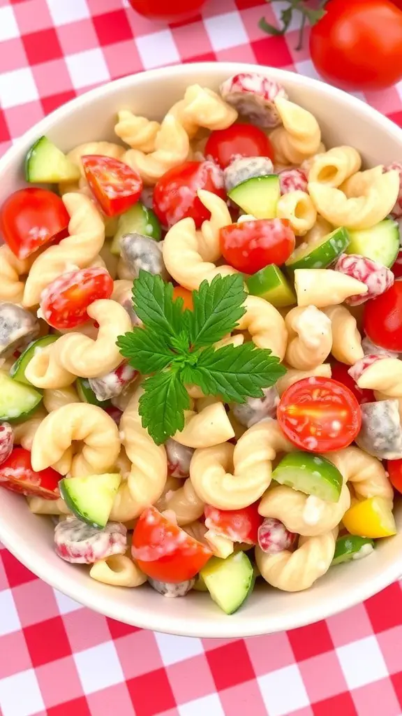 A colorful creamy pasta salad with vegetables in a bowl on a picnic table.
