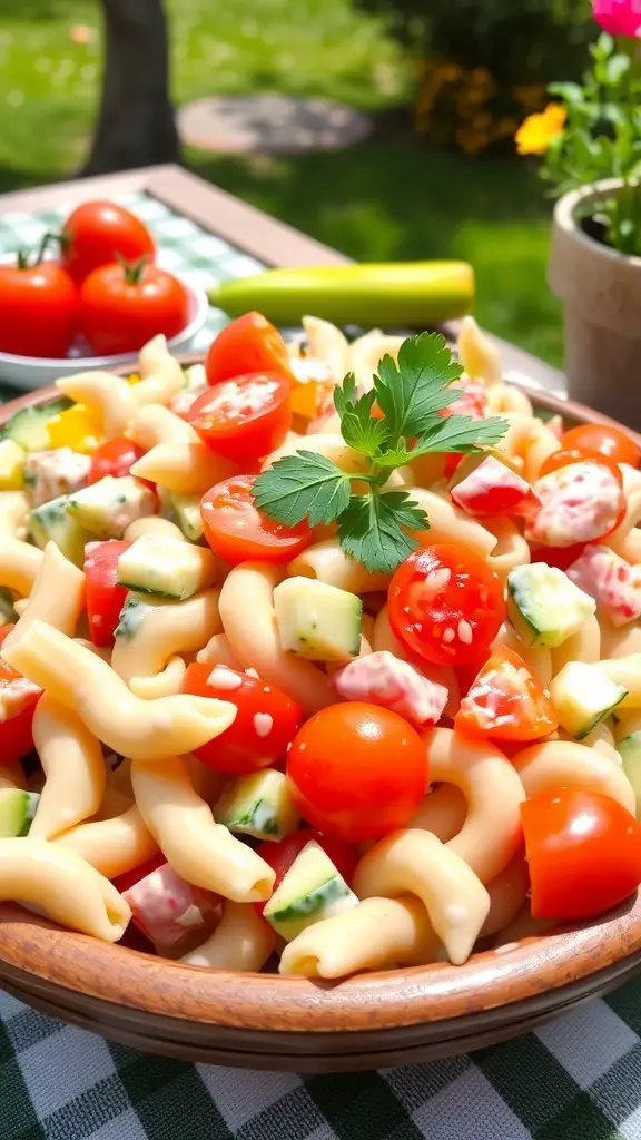A colorful creamy ranch pasta salad with tomatoes, cucumbers, and bell peppers, garnished with parsley, on a picnic table.