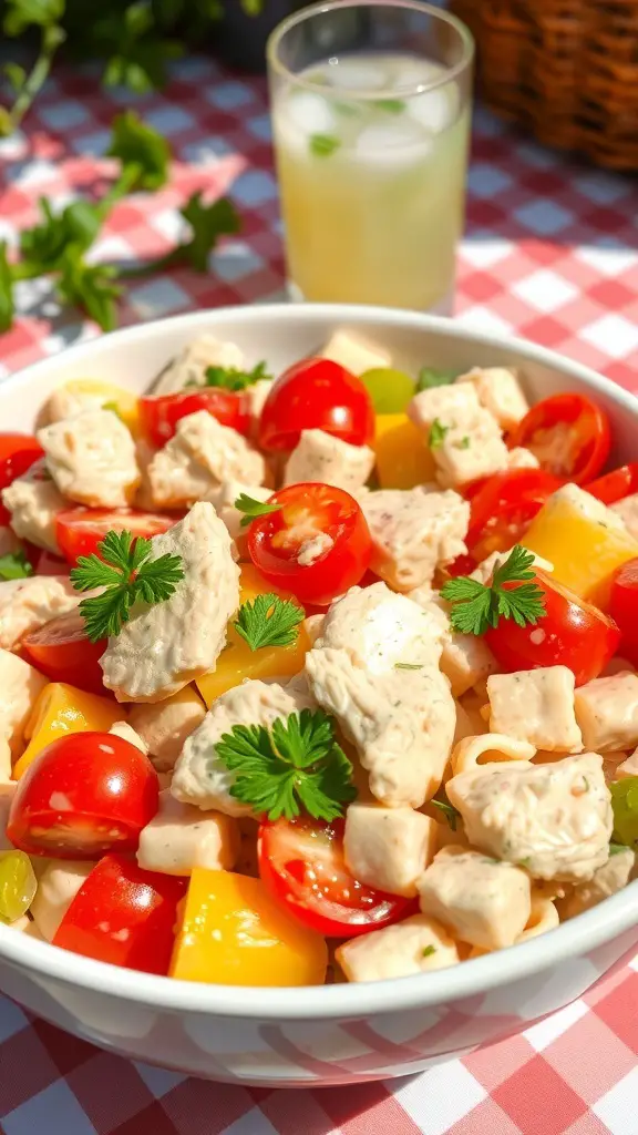 A bowl of creamy chicken pasta salad with tomatoes, bell peppers, and chicken, garnished with parsley, on a picnic table.
