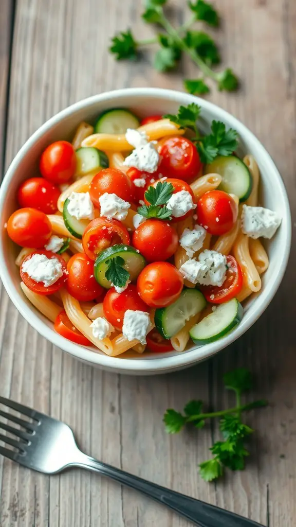 A vibrant Mediterranean pasta salad with tomatoes, cucumbers, olives, and feta cheese, garnished with parsley on a wooden table.