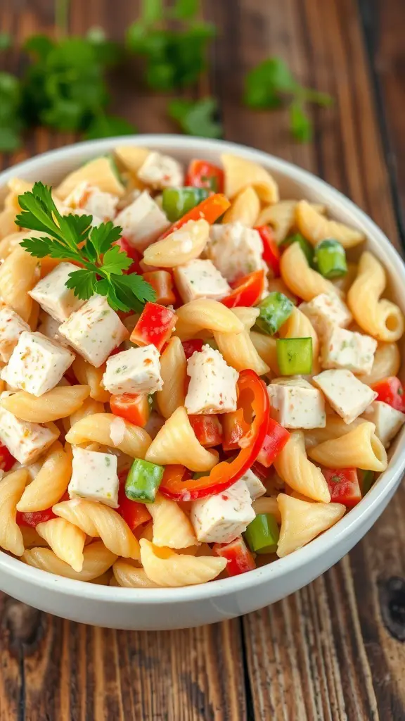 A colorful bowl of tuna pasta salad with pasta, tuna, bell peppers, and celery, garnished with parsley on a wooden table.