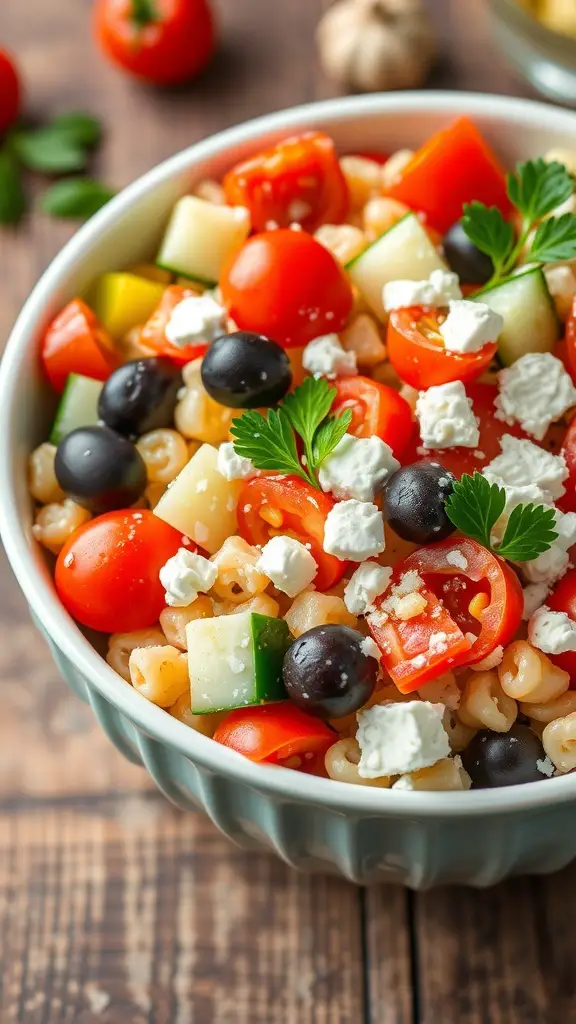 A vibrant Mediterranean orzo pasta salad with tomatoes, cucumbers, olives, and feta on a rustic table.
