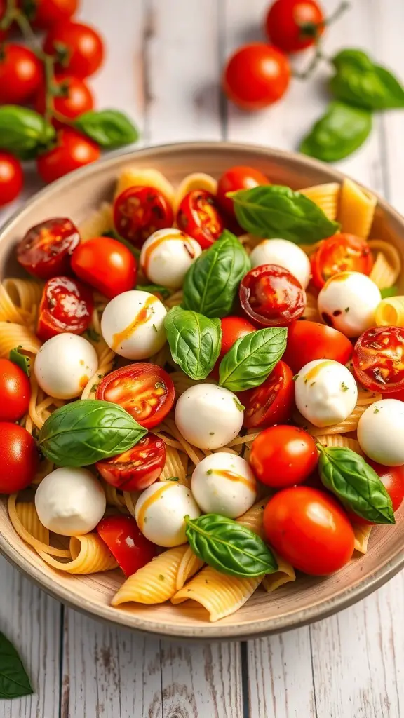 A fresh Caprese pasta salad with cherry tomatoes, mozzarella, basil, and pasta, drizzled with balsamic glaze.