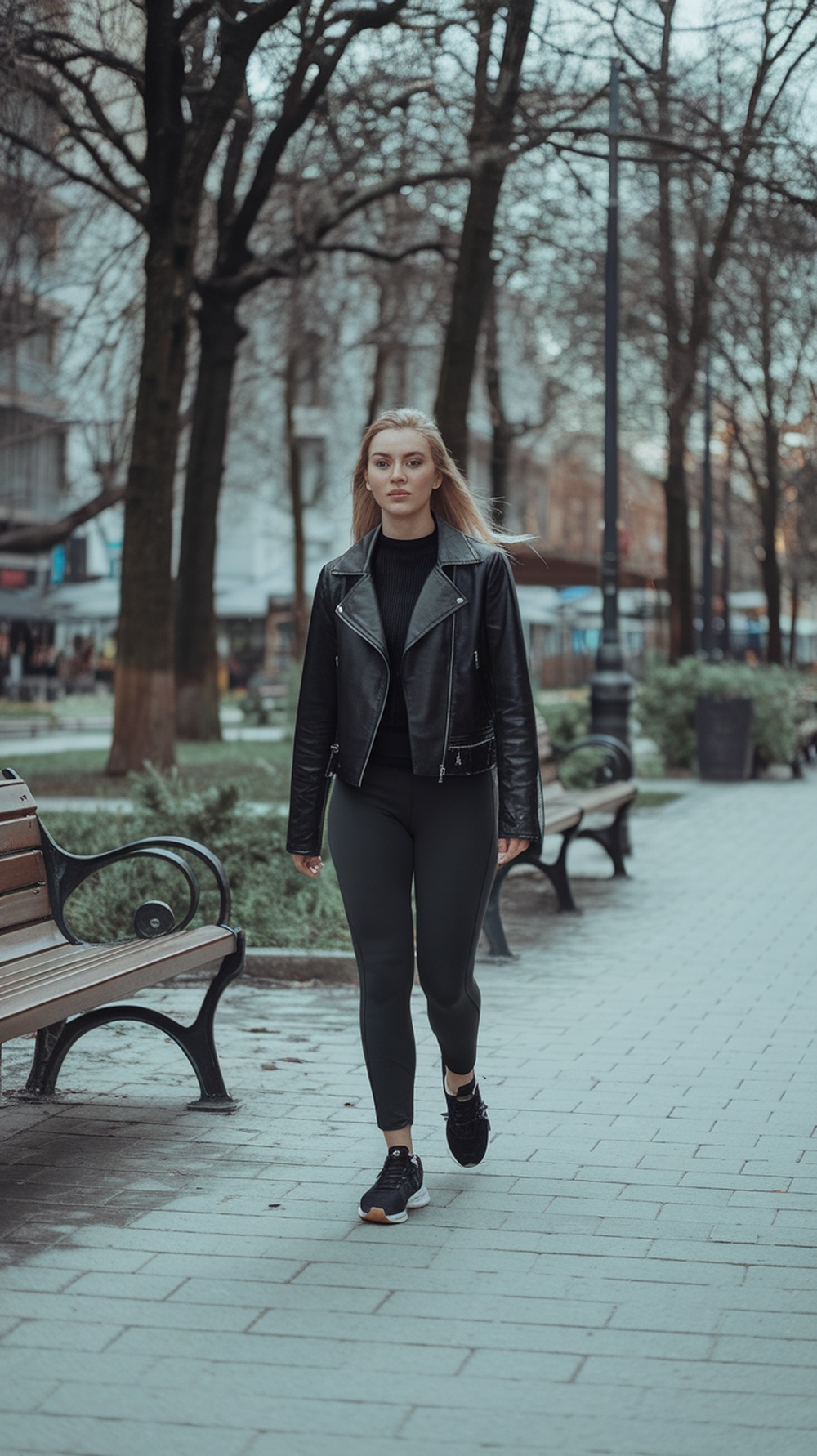 A woman wearing a black leather jacket and joggers walking in a park.