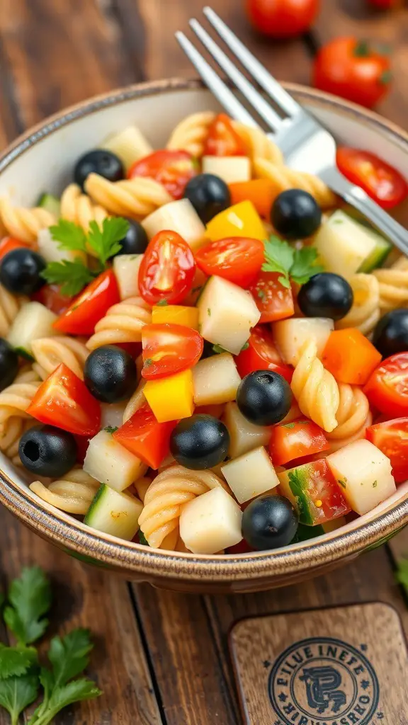 A colorful pasta salad with cherry tomatoes, cucumbers, olives, and bell peppers, garnished with parsley.
