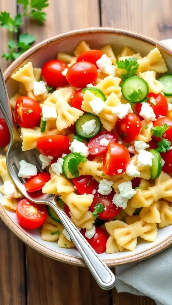 A vibrant Mediterranean bow tie pasta salad with tomatoes, cucumbers, olives, and feta cheese in a rustic bowl.