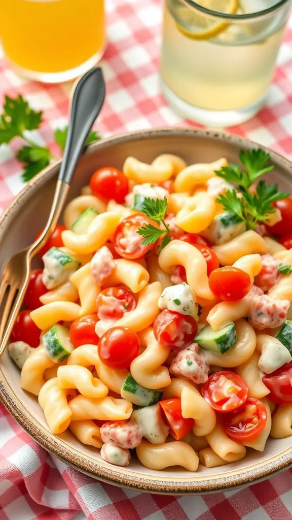 A colorful creamy pasta salad with tomatoes, cucumbers, and bell peppers in a rustic bowl, garnished with parsley.